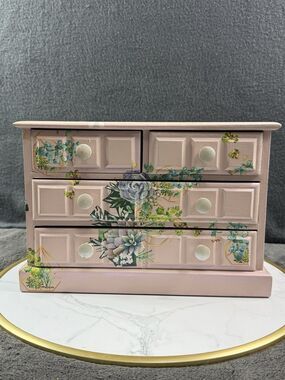 Vintage Wood Jewelry Box Hand Painted Decoupage Floral 4 Drawer Chest Organizer